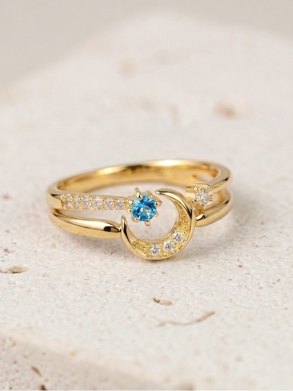 14K Gold Plated Moon & Star Stacking Ring Set 2 Pcs | Blue & White CZ Midi Rings